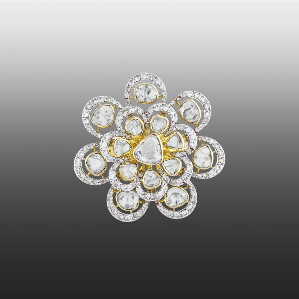 Full White Floral Polki Ring with Diamond Halo